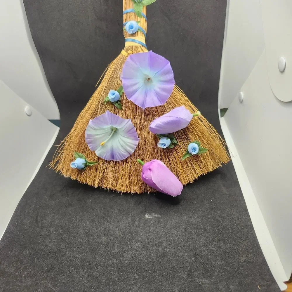 Hand Crafted Decorative Spring Broom  Purple Tulips Blue Morning GloryFlowers